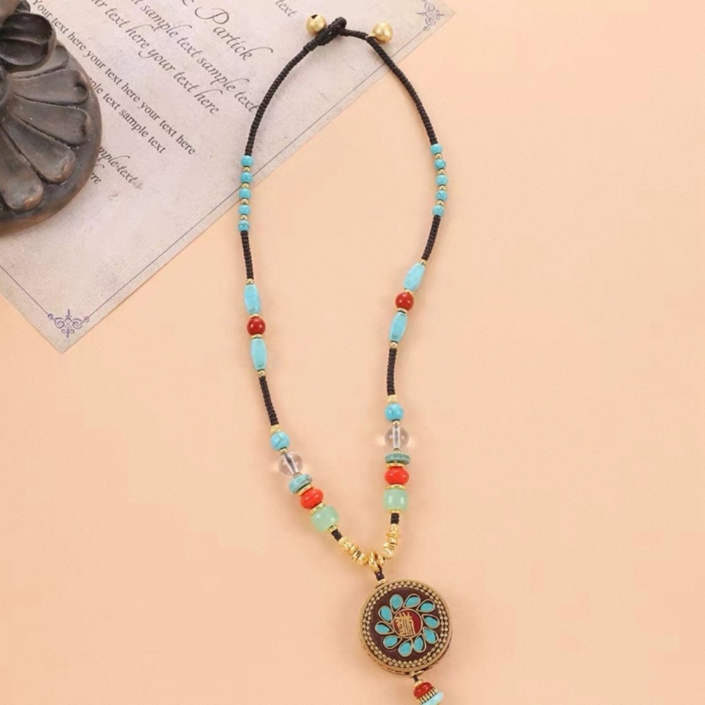 Nepal Turquoise & Coral Beaded Pendant Necklace